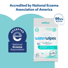 WaterWipes toallita sacada del paquete ilustrando uso higiénico y práctico