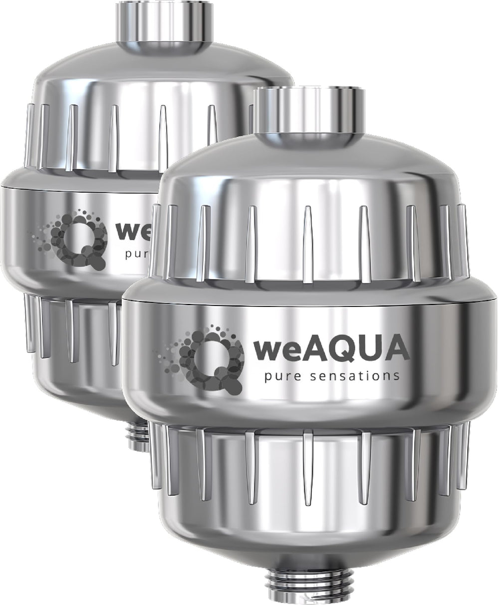 weAQUA filtro de ducha pack frontal mostrando diseño cromado y durabilidad