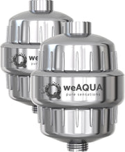 weAQUA filtro de ducha pack frontal mostrando diseño cromado y durabilidad