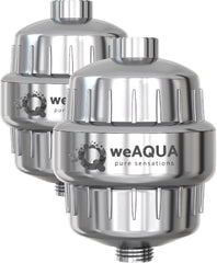 weAQUA filtro de ducha pack frontal mostrando diseño cromado y durabilidad