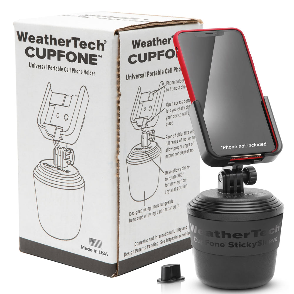 WeatherTech CupFone frontal en portavasos mostrando montaje seguro
