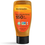 Wedderspoon front packaging showing 150+ MGO strength and 12 oz squeeze bottle benefit
