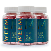 WEEM frasco frontal de gominolas veganas para cabello piel y uñas mostrando el envase