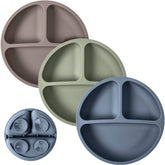 WeeSprout plato frontal pack de 3 mostrando diseño dividido y beneficio anti-derrames