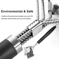 Weetiee brush in use on a gas grill, displays safer cleaning without metal bristles