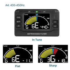 WEGROWER dispositivo en uso con guitarra eléctrica mostrando afinación y metronomo integrado