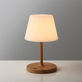 WEILAILUX front view wood grain lamp showing elegant silhouette and portability