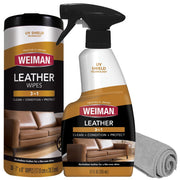 Weiman kit frontal del empaque mostrando spray, toallitas y paño, limpieza completa