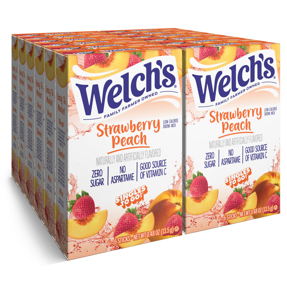SINGLES TO GO! Welch's frente del empaque mostrando 12 cajas y 72 sobres, comodidad portátil