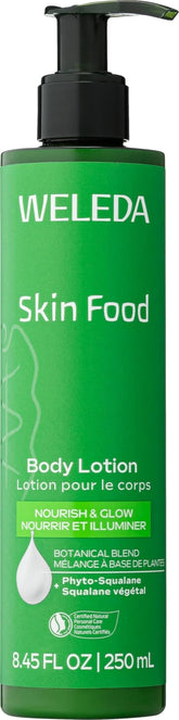 Weleda Skin Food botella frontal mostrando diseño y beneficios hidratantes