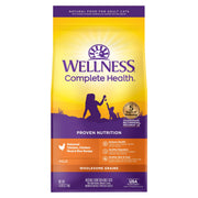Wellness paquete frontal 5 lb mostrando la receta de pollo y beneficios nutricionales