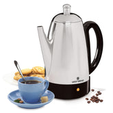 West Bend percolator front view showing polished stainless steel finish and ready light benefit