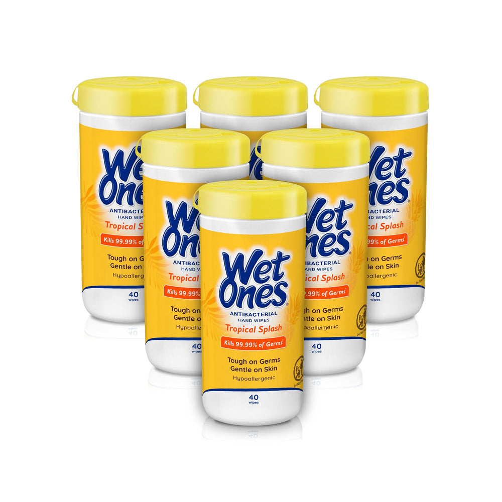 Wet Ones canister frontal Tropical Splash mostrando diseño y cierre que conserva humedad