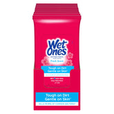 Wet Ones frente del empaque mostrando el tamaño y beneficio de limpieza