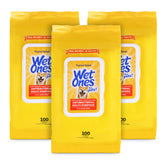 Wet Ones front packaging showing 100-count pouch and Tropical Splash scent benefit