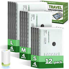 Wfiia front packaging showing 12-piece vacuum bag kit and pump for easy storage