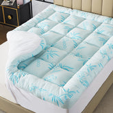WhatsBedding topper front view showing cover and cooling blue color benefit