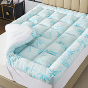 WhatsBedding topper front view showing cover and cooling blue color benefit