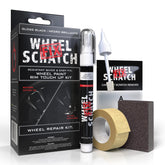 Wheel Scratch Fix: envase del kit mostrando componentes y ventaja de reparación rápida