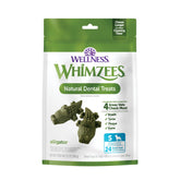 Whimzees empaque frontal mostrando la bolsa y beneficios visibles