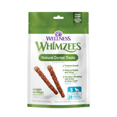 Whimzees frente del paquete mostrando marca y formato, promueve limpieza dental