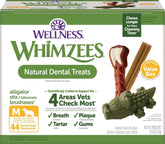 Whimzees caja frontal mostrando valor pack y beneficios dentales
