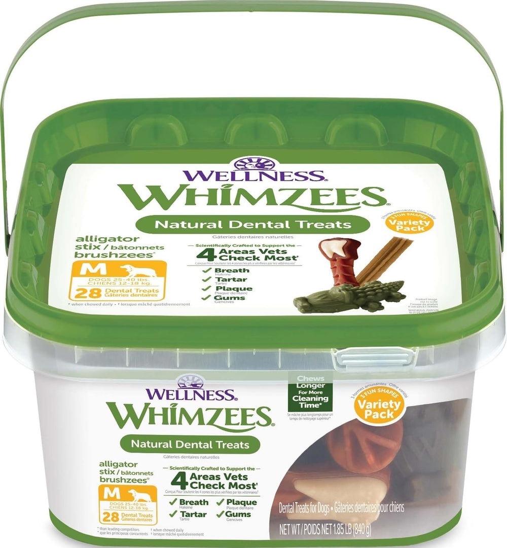 Whimzees caja frontal mostrando 28 unidades y beneficios dentales