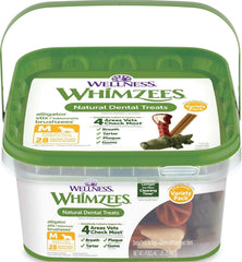Whimzees caja frontal mostrando 28 unidades y beneficios dentales