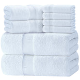 White Classic folded towel set front view showing plushness and neat presentation