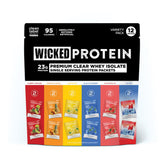 WICKED Protein paquete frontal mostrando sabores y cantidad, visión clara del producto
