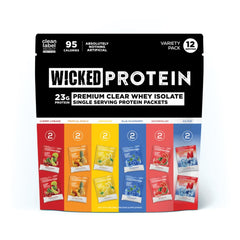 WICKED Protein paquete frontal mostrando sabores y cantidad, visión clara del producto