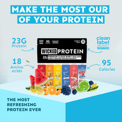 WICKED Protein sobre abierto detalle del polvo y textura fina, facilita mezclado rápido