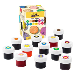 Wilton frascos frontales mostrando los 12 colores y versatilidad