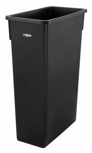 Winco cubo de basura frontal negro mostrando huella compacta y fácil colocación
