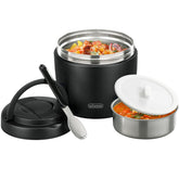 wiwens front view of black thermo jar showing label and compact shape, great portability