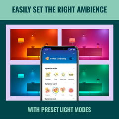 WiZ Connected bulbs showing vivid color lighting in a living room, creating mood and color flexibility