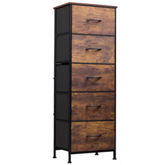 WLIVE front view of tall dresser showing rustic brown finish and slim profile benefit