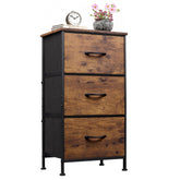 WLIVE front view of three-drawer nightstand showing compact storage and rustic brown top benefit