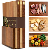 Wnfou front view of book-shaped cutting board stack showing neat storage benefit