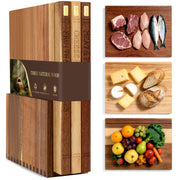 Wnfou front view of book-shaped cutting board stack showing neat storage benefit