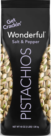 Wonderful Pistachios bolsa frontal mostrando el tamaño grande y el sabor Salt & Pepper