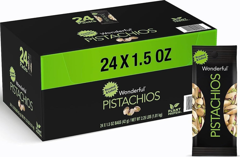 Wonderful Pistachios empaque frontal mostrando 24 bolsas para conveniencia