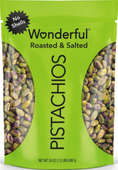 Wonderful Pistachios bolsa frontal que muestra 24 oz y conveniencia para snacks