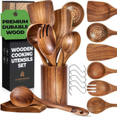 Woodenhouse front view of full 8-piece teak utensil set with holder for organized storage