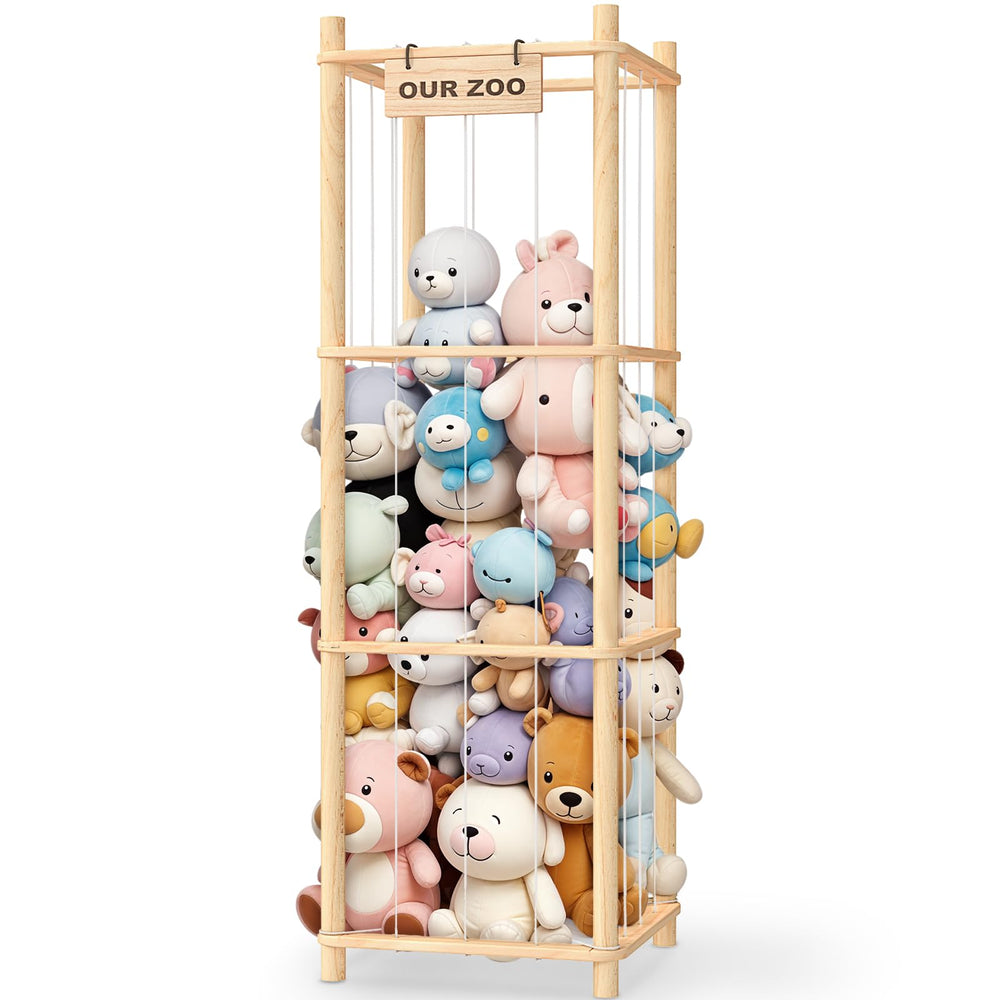 Woodure organizador frontal mostrando peluches y accesibilidad para niños