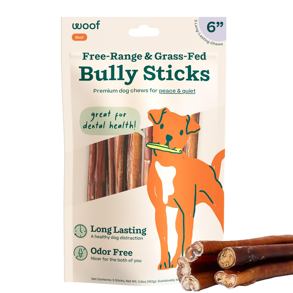 WOOF paquete frontal mostrando 5 bully sticks, presentación atractiva