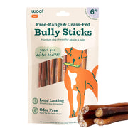 WOOF paquete frontal mostrando 5 bully sticks, presentación atractiva