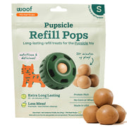 WOOF empaque frontal que muestra las Pupsicle Refill Pops y conveniencia inmediata