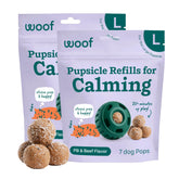 WOOF front packaging showing calming Pupsicle Pops and convenience