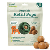 WOOF paquete frontal de Pupsicle Refill Pops mostrando 10 unidades y conveniencia